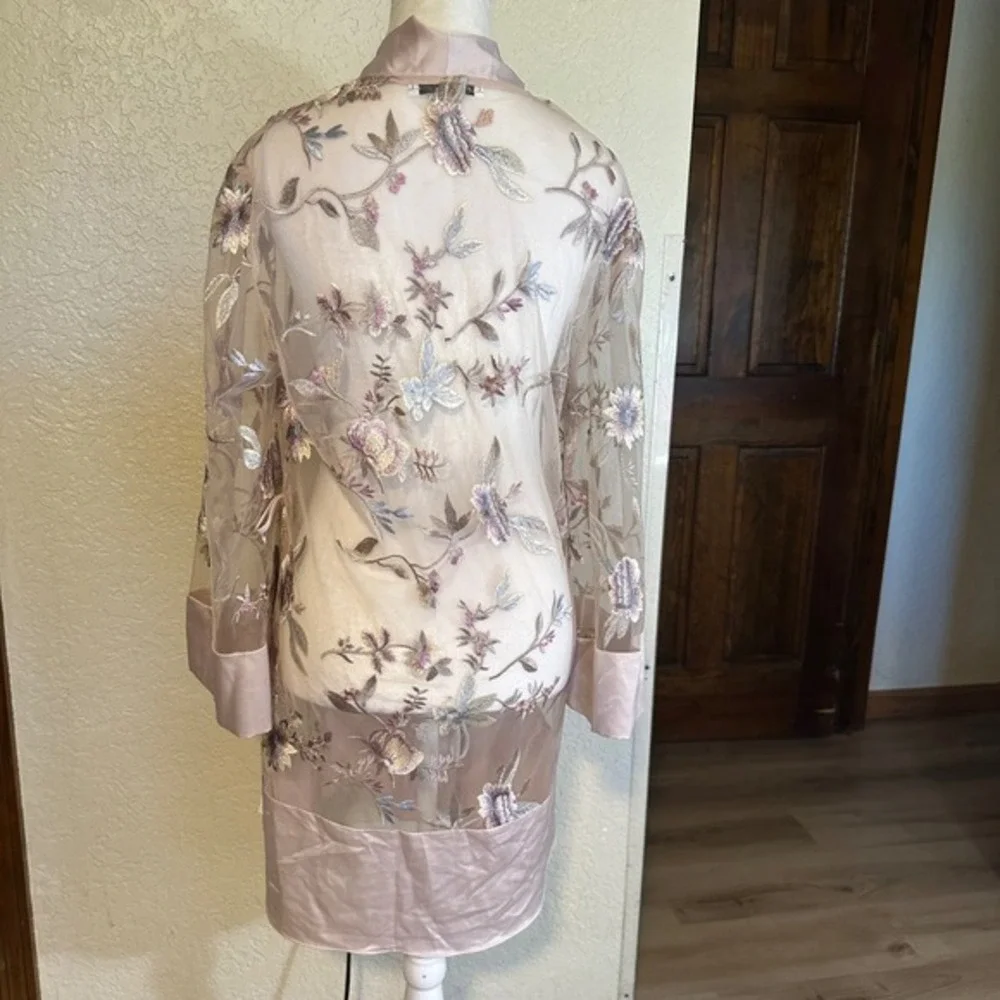 Rya Collection Sepia Rose Embroidered Mesh Kimono Robe Cover Up‎ M L